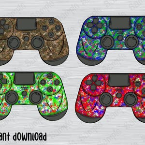 Könnte beinhalten: Vier farbenfrohe Gamecontroller. Einer ist getarnt, die anderen sind mit Farbspritzern in Grün, Blau und Rot verziert. Der Text "INSTANT DOWNLOAD" befindet sich unten.
