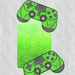 May include: Illustration of two green and gray game controllers with the text "INSTANT DOWNLOAD" at the top. The controllers are set against a green gradient background with a light gray wood grain pattern.