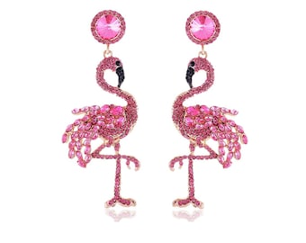 Earring Stud Silver Pink Black Crystal Flamingo Bird Pendant Original Retro X21 Earring Stud Silver Pink Black Crystal Flamingo Bird Pendant Original Retro X21