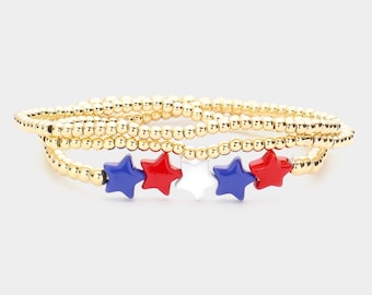 Patriotic themed Stretch Bracelet, American Flag Star Accented bracelet, USA flag bracelet, Holiday bracelet, Gift for her