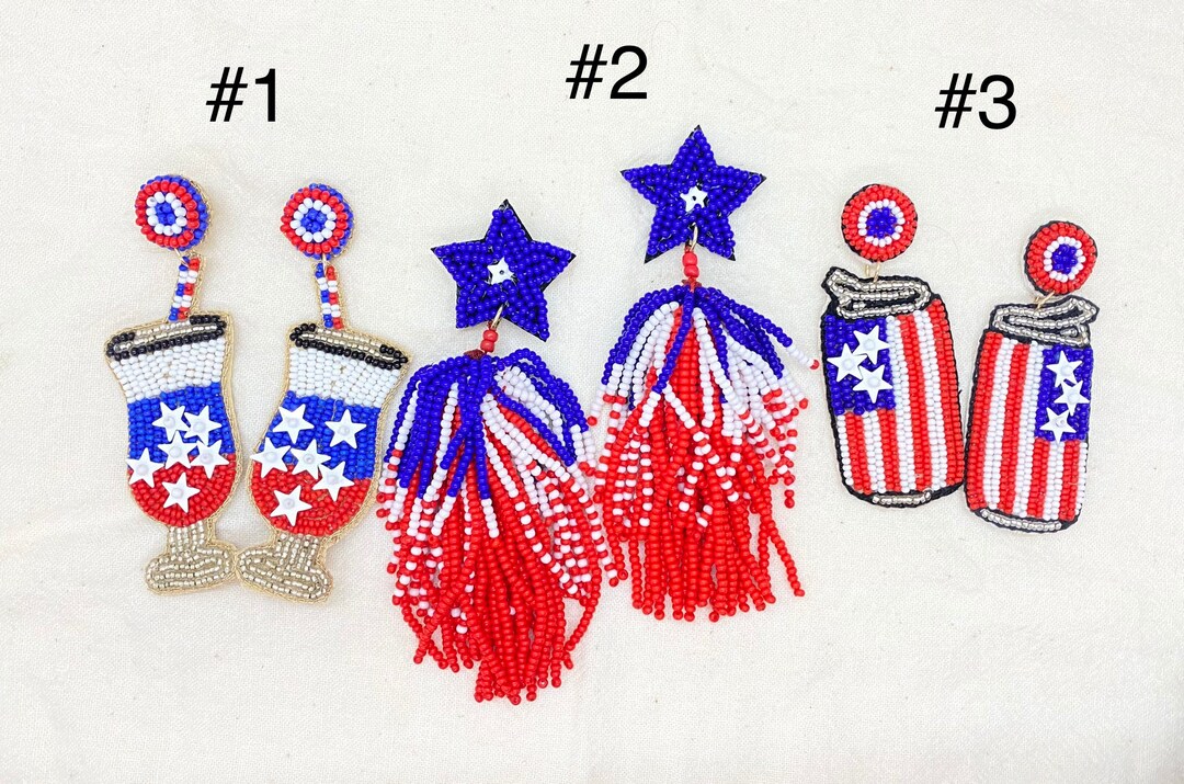 Beaded Patriotic Earrings, 4th of July Earrings, Red White Blue