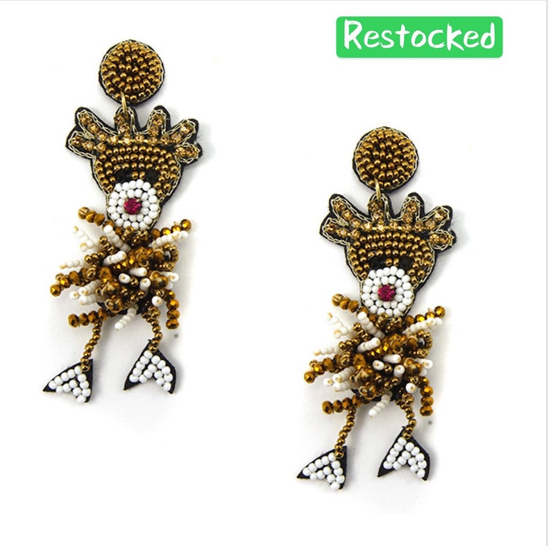 Beaded Reindeer Earrings Beaded Rudolf Earrings Christmas Etsy