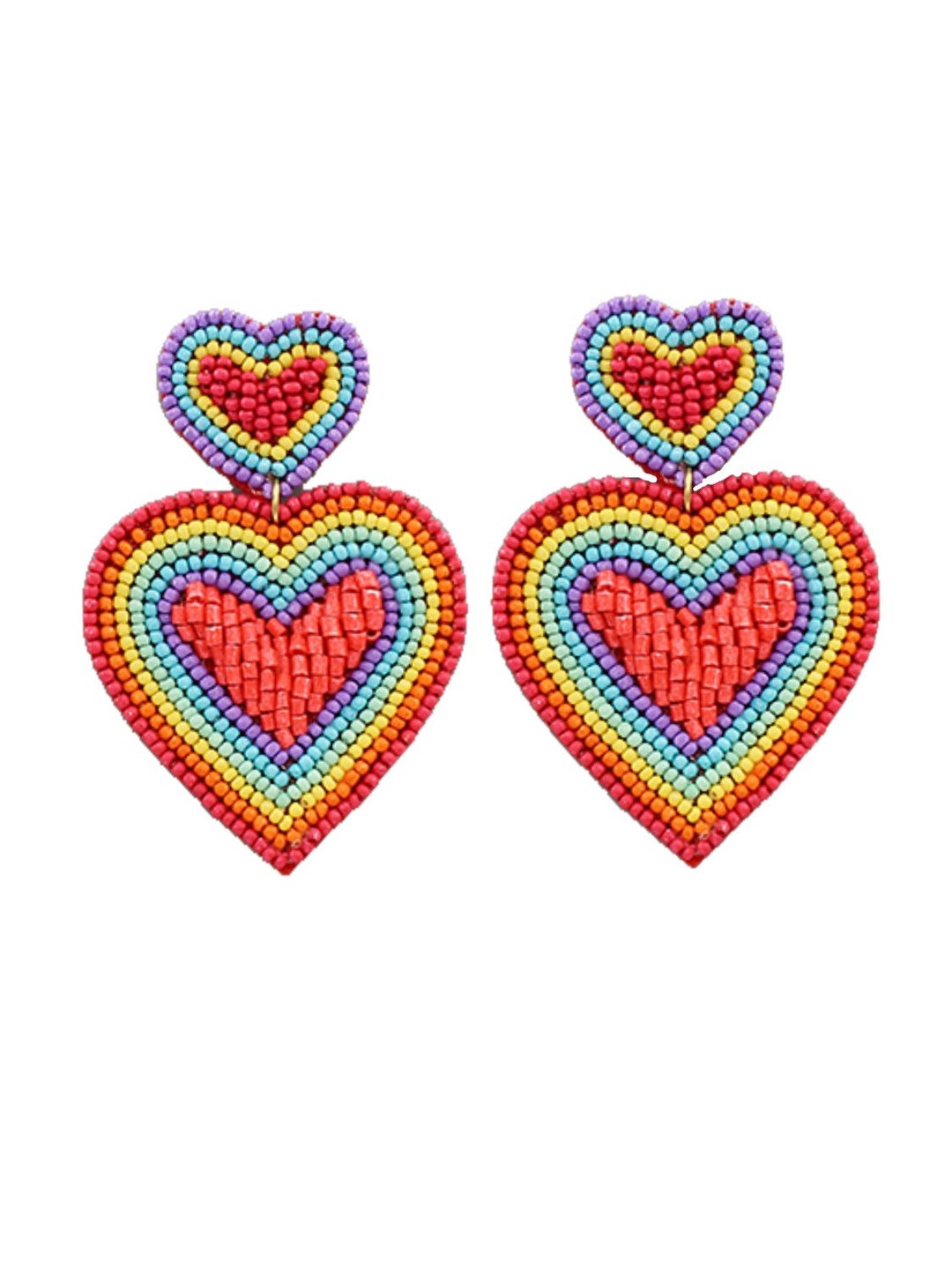 Beaded Double Heart Earrings, Heart Statement Earrings, Rainbow Heart