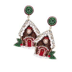 New! Gingerbread house earrings, Beaded gingerbread house earrings, Holiday earrings, Gift for her