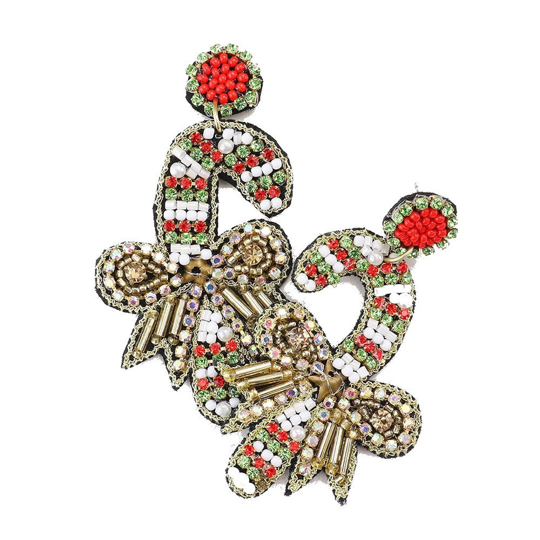 Beaded Candy Cane Earrings Bow Detail Multi Bead Rhinestone Candy Cane