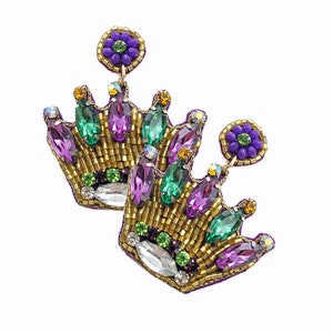 New! Beaded crown earrings, Mardi Gras Earrings, Gift for her