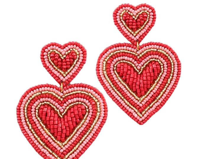 Beaded Double Heart Earrings Valentines Day Earrings Heart Earrings Gift for Her Valentines