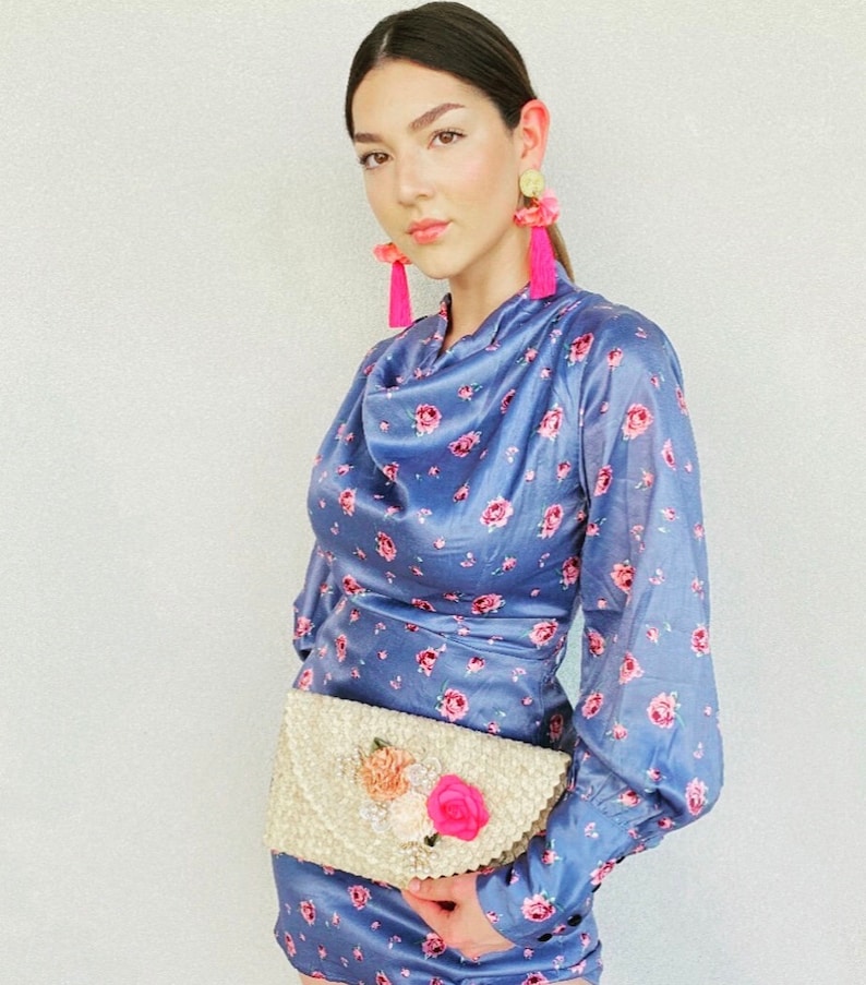 Rattan Clutch bag with Floral Designs Natural Brown clutch women Bag.