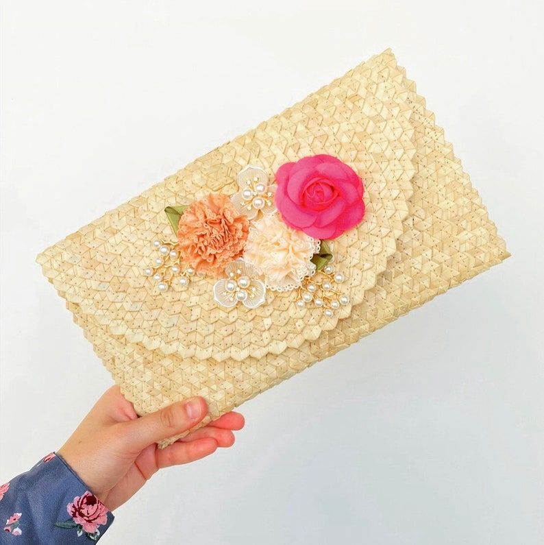 Rattan Clutch bag with Floral Designs Natural Brown clutch women Bag.