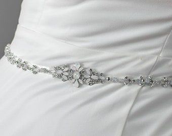 Elegant and Dazzling Bridal Belt, Rhinestone Wedding Organza Belt, White Moonstone Accessories Belt