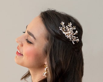 Gold Alluring Pearl Bridal Hair Comb, Clear Rhinestone Hair Comb, Wedding Hair Accessory, Gold Bridal Headpiece  - 7641