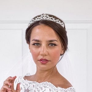 Vintage Silver Wedding Pearl Tiara, Crystal Bridal Headpiece, Royal Filigree Crown, Silver Pearl Wedding Hair Diadem 4024 image 1