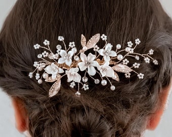 White Clay Flower Bridal Hair Comb, Bridal Hair Accessory, Floral Wedding Headpiece - 8019