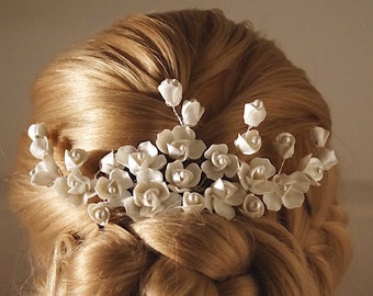 White Peony Clay Flower Bridal Hair Comb, Bridal Hair Accessory, Floral Wedding Headpiece - 6366