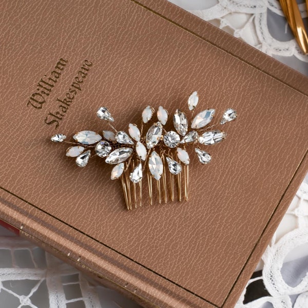 Vintage-Inspired Moonstone Bridal Hair Comb, Clear Rhinestone Hair Comb, Wedding Hair Accessory, Silver/Gold  Bridal Headpiece  - 8024