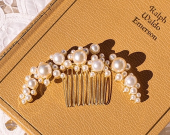 Vintage Pearl Wedding Hair Comb, Gold Pearl Headpiece, Faux Pearl Bridal Hair Comb - 2458