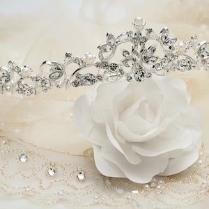 Vintage Silver Wedding Pearl Tiara, Crystal Bridal Headpiece, Royal Filigree Crown, Silver Pearl Wedding Hair Diadem 4024 image 6