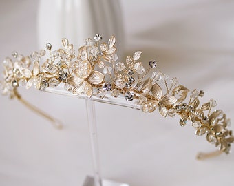 Champagne Gold Floral Rhinestone Bridal Tiara, Painted Leaf Hair Piece, Gold Bridal Pearl Headband, Gold Flower Hair Accessory - UT1081