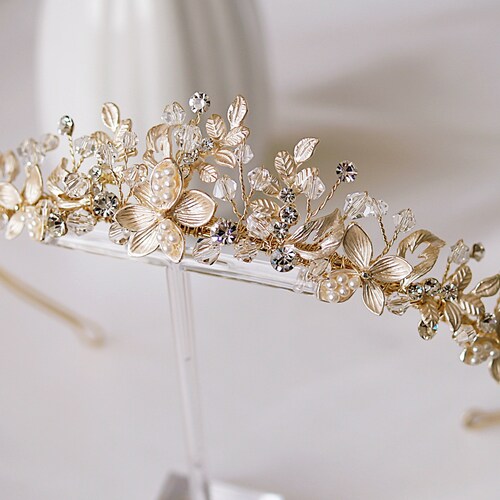 Champagne Gold Floral Rhinestone Bridal Tiara, Painted Leaf Hair Piece, Gold Bridal Pearl Headband, Gold Flower Hair Accessory - UT1081