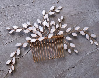 Gold Opal Blue Bridal Hair Comb, Moonstone Hair Comb, Gold Wedding Hair Accessory, Bridal Headpiece  -  6420