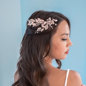 Rose Quartz Gem Stone Wedding Hair Clip, Gold Bridal Rhinestone Hair Accessory, Faux Pearl Bridal Headpiece  - 5715