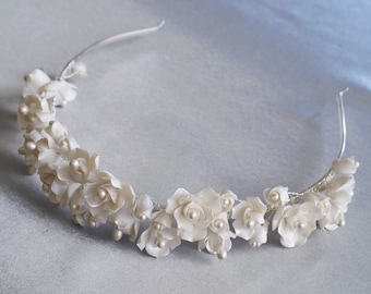 Clay Flower Tiara, Floral Bridal Crown, Floral Pearl Headband, Wedding Hair Accessory, Flower Wreath [Style 7431]