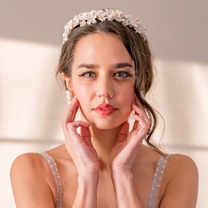 Gold Clay Flower Tiara, Floral Bridal Crown, Blossom Wedding Headband, Wedding Hair Accessory, Flower Wreath [Style 7430]