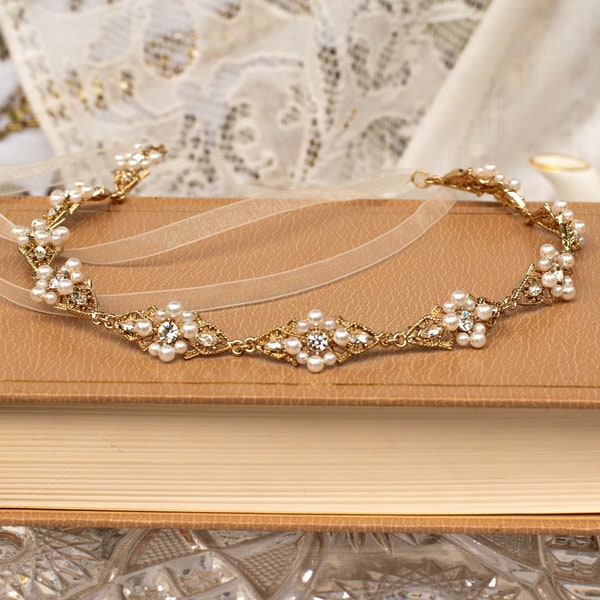 Vintage Gold Bridal Belt, Small Pearl Wedding Organza Belt, Old Gold Bridal Dress Sash, Golden Wedding Accessory