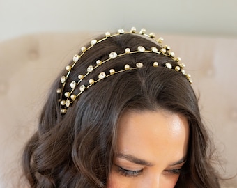 3-Row Gold Wedding Headband, Pearl Bridal Headpiece, Gold Rhinestone Wedding Hair Accessory- 6387