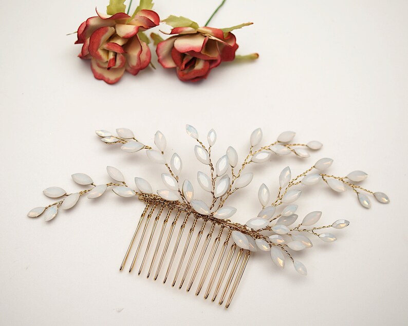 Gold Opal Blue Bridal Hair Comb, Moonstone Hair Comb, Gold Wedding Hair Accessory, Bridal Headpiece 6420 image 4