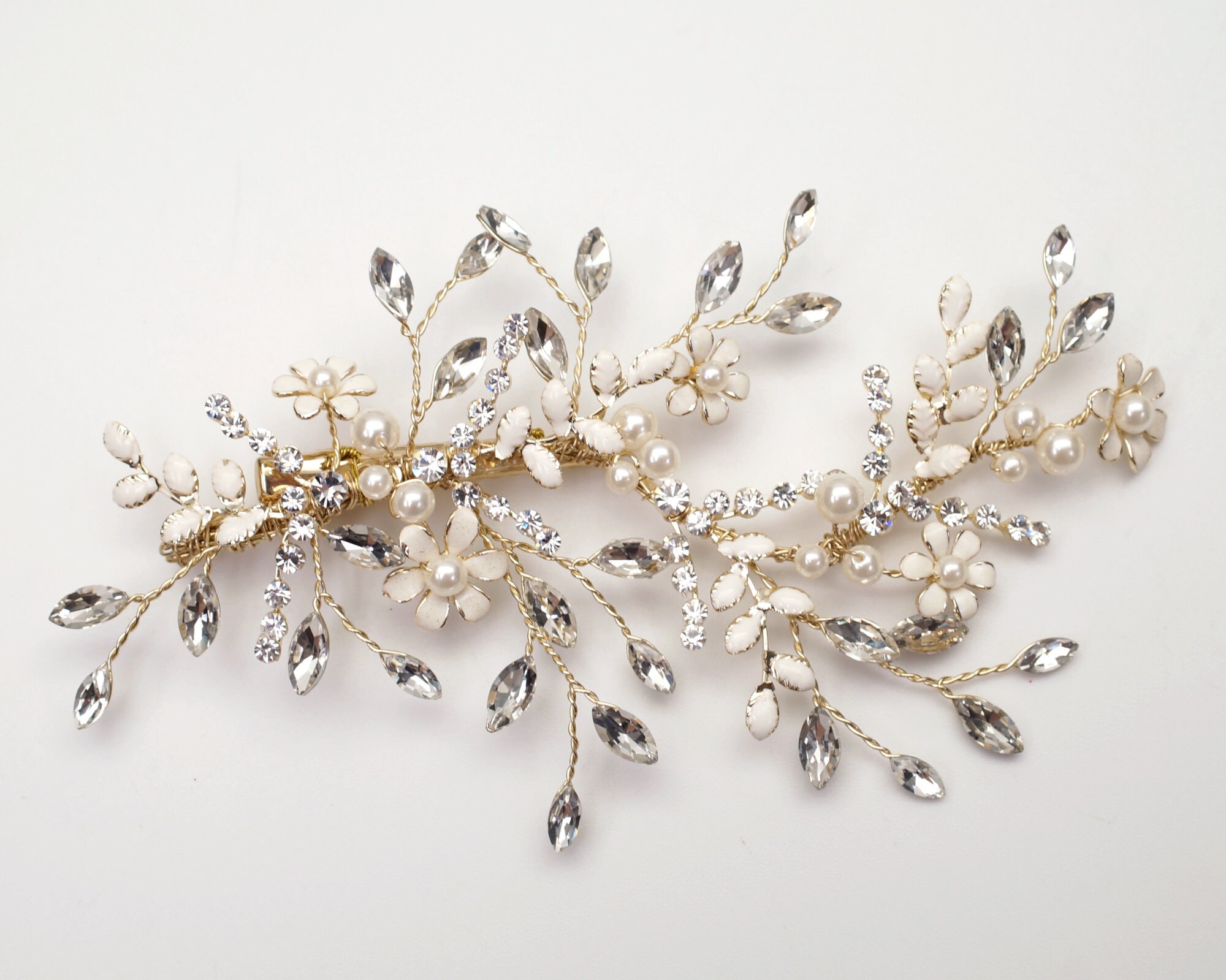 Gold Floral Rhinestone Wedding Hair Clip with Ivory Enamel | Etsy