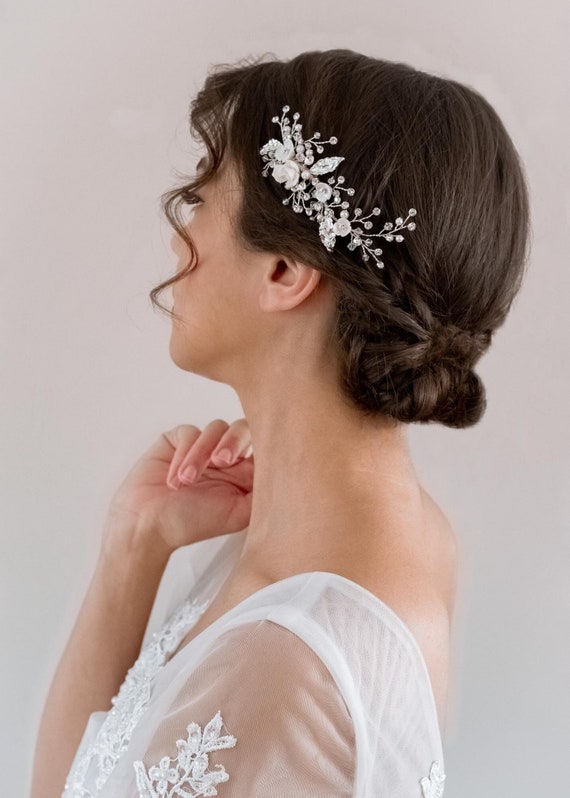 Bridal Headpiece Clay Flower Wedding Headpiece with Comb Floral Headband Bridal flower headpiece, hair accessory - Creamy floral  main image 3