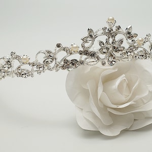 Vintage Silver Wedding Pearl Tiara, Crystal Bridal Headpiece, Royal Filigree Crown, Silver Pearl Wedding Hair Diadem 4024 image 5