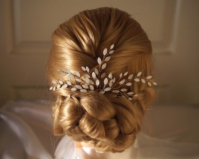 Gold Opal Blue Bridal Hair Comb, Moonstone Hair Comb, Gold Wedding Hair Accessory, Bridal Headpiece 6420 image 5