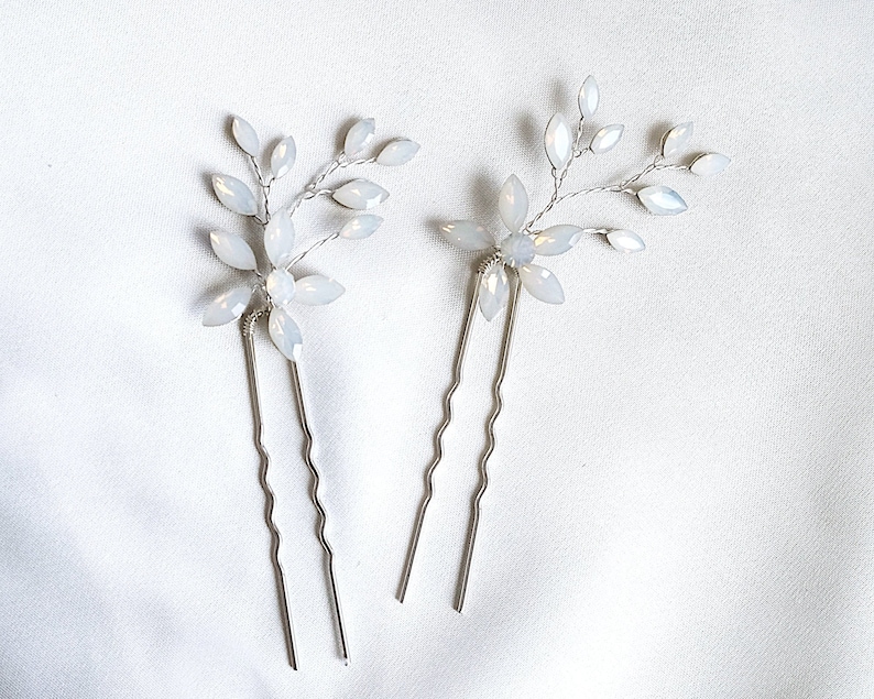 Silver Opal Crystal Hair Pins, Moonstone Bridal Hair Pins, Celestial Wedding Hair Accessory, Starry Bridesmaids Bobby Pins Gift SET548 image 1