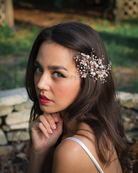 Floral Rose Gold Wedding Pearl Hair Clip, Floral Bridal  display picture 2