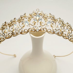 Vintage-inspired Gold Royal Wedding Tiara, Opal Crystal Bridal Headpiece, Moonstone Filigree Wedding Crown - 3111