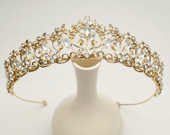 Vintage-inspired Gold Royal Wedding Tiara, Opal Crystal Bridal Headpiece, Moonstone Filigree Wedding Crown - 3111