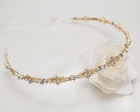 Yellow Gold Wedding Headband, Crystal Bridal Hair Band, Gold  display picture 3