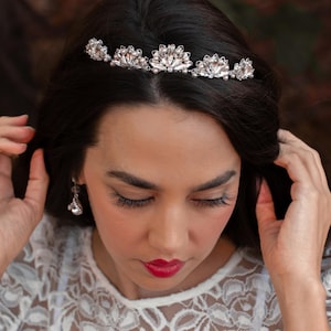 Vintage Silver Pearl Wedding Rhinestone Tiara,  Crystal Bridal Headpiece, Royal Filigree Crown, Silver Wedding Hair Diadem - 7241