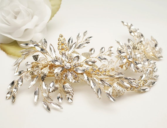 Large Rhinestone Wedding Hair Piece - Gold Bridal Hair Piece Gold Rhinestone Clip Headpiece main image 4