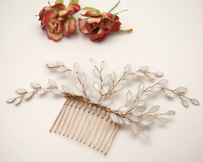 Gold Opal Blue Bridal Hair Comb, Moonstone Hair Comb, Gold Wedding Hair Accessory, Bridal Headpiece 6420 image 2