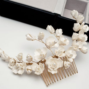 White Gold Peony Clay Flower Bridal Hair Comb, Bridal Hair Accessory, Floral Wedding Headpiece - 6366