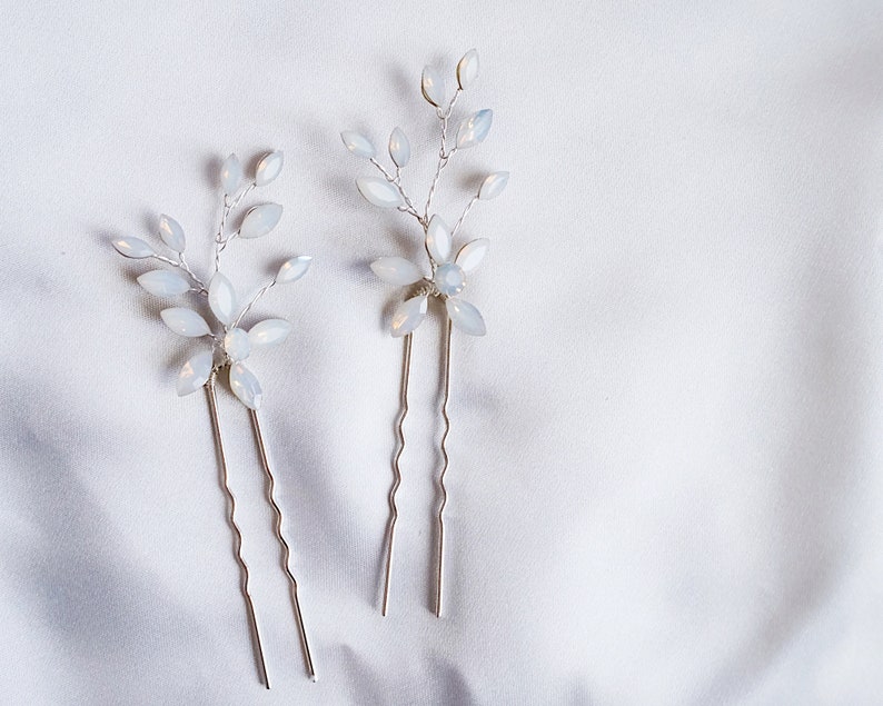 Silver Opal Crystal Hair Pins, Moonstone Bridal Hair Pins, Celestial Wedding Hair Accessory, Starry Bridesmaids Bobby Pins Gift SET548 image 3