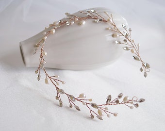 Rose Gold Freshwater Pearl Bridal Hair Vine Wedding Headband, Crystal Hair Band, Wedding Hair Accessory, Bridal Headband - UT8772