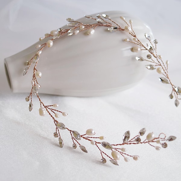 Rose Gold Freshwater Pearl Bridal Hair Vine Wedding Headband, Crystal Hair Band, Wedding Hair Accessory, Bridal Headband - UT8772