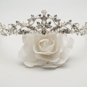 Vintage Silver Wedding Pearl Tiara, Crystal Bridal Headpiece, Royal Filigree Crown, Silver Pearl Wedding Hair Diadem 4024 image 2