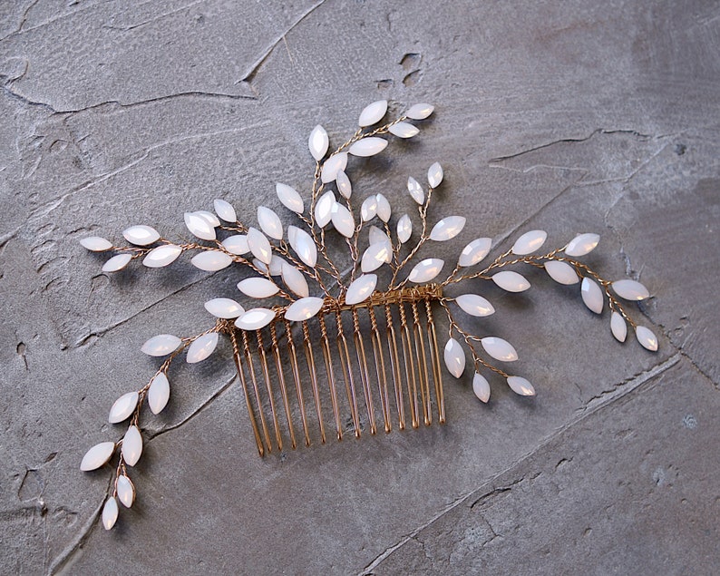 Gold Opal Blue Bridal Hair Comb, Moonstone Hair Comb, Gold Wedding Hair Accessory, Bridal Headpiece 6420 image 1