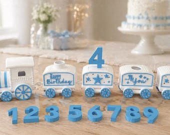 Tren de cumpleaños 3D, decoración para fiestas impresa en 3D, cumpleaños infantil, azul/beige/rosa.