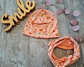 Conjunto de gorro y bufanda de tubo para niña con estampado floral de melocotón para bebé.
